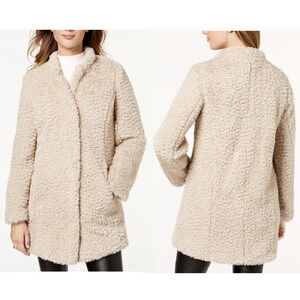 Kenneth Cole New York Coat Womens Medium Beige Faux Fur Leopard Lined Snap Front
